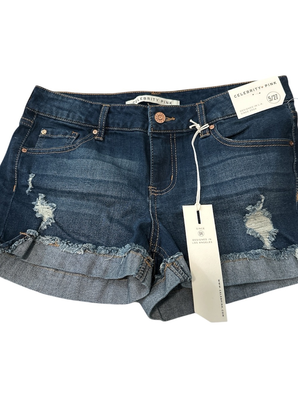 Celebrity Pink Dark Wash Rolled Hem Distressed Jean Shorts